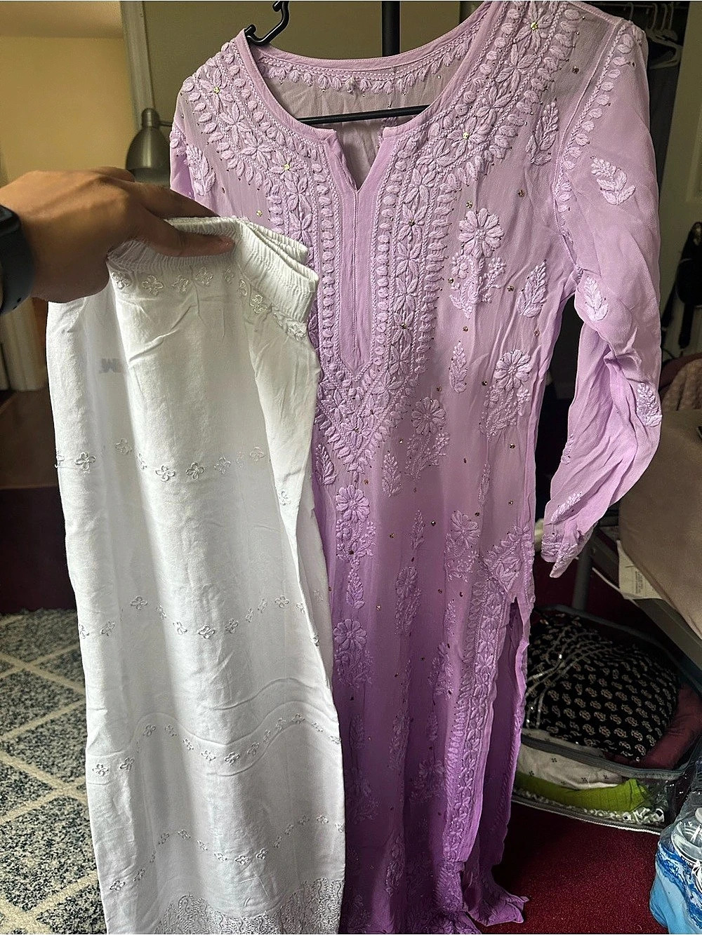 Embroidered Maxi Dress in Purple & White